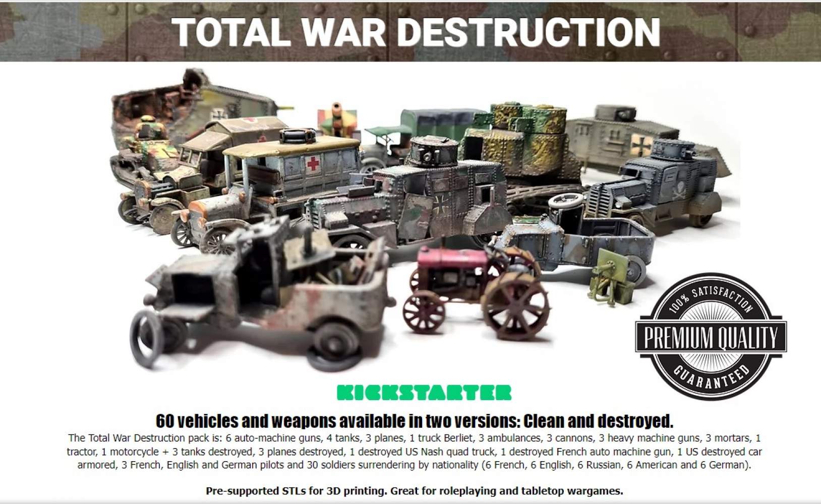 Over 60 clean and destroyed WW1 vehicles and dozens of soldiers. Over 100 STLs.