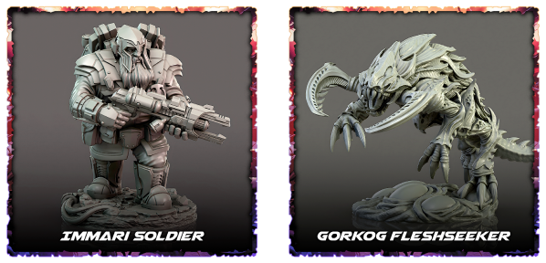 Image of Immari Soldier and Gorkog Fleshseeker minis side by side