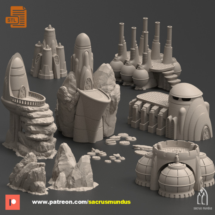 Warhammer Terrain Set with Containers and others Scifi Elements 3D