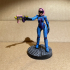Droid android robot woman with pistol. Sci-fi miniature print image
