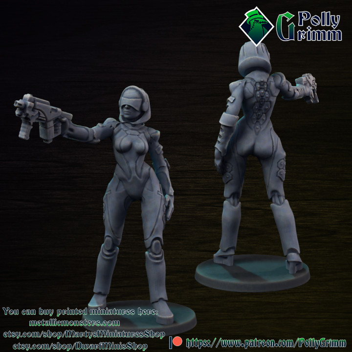 Droid android robot woman with pistol. Sci-fi miniature