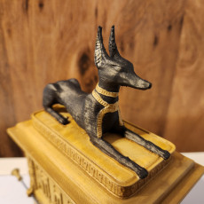 Picture of print of Egyptian Anubis themed trinket box with dog statue