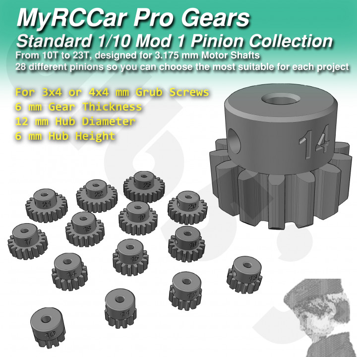 RC Car Mod 1 Standard Motor Pinion Collection, for 3.175mm motor shafts, M3 and M4 grub screws