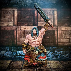 Picture of print of (0034) Male human orc half-orc barbarian warrior with sword and big axe