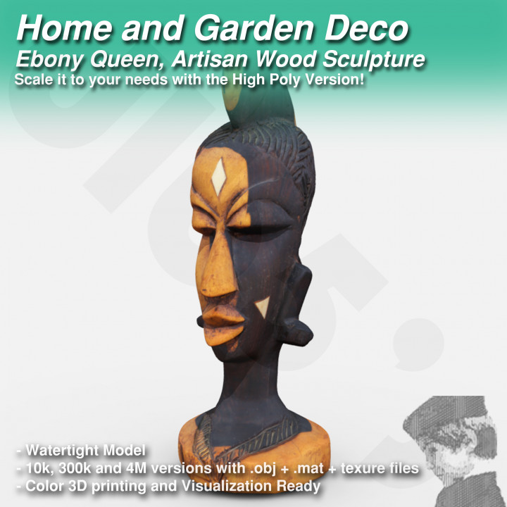 3D printable Ebony Queen, Artisan Home Deco Ready for Color 3D printing