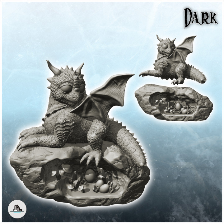 3D Printable Baby winged dragon sitting on rock and mushrooms (11 ...