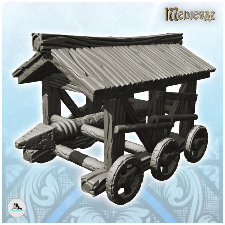 3D Printable Wooden ram on wheels under roof (1) Medieval Fantasy Magic Feudal Old Archaic Saga 28mm 15mm Hartolia