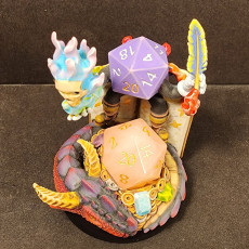 Picture of print of Dice Keepers - D20 Dungeon Master miniature & polyhedral dice stand