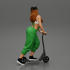 2 Sexy Woman Riding Electric Scooter At Parking Wearing overalls suit and cap image
