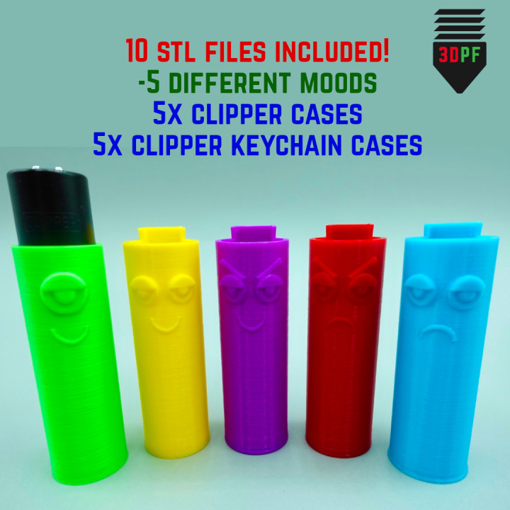 3D Printable Chill Buddy Clipper Lighter Cases (5 Moods) by MysticMesh3D