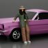 lowrider chola girl is leaning against the car, wearing a hat and long open shirt with image