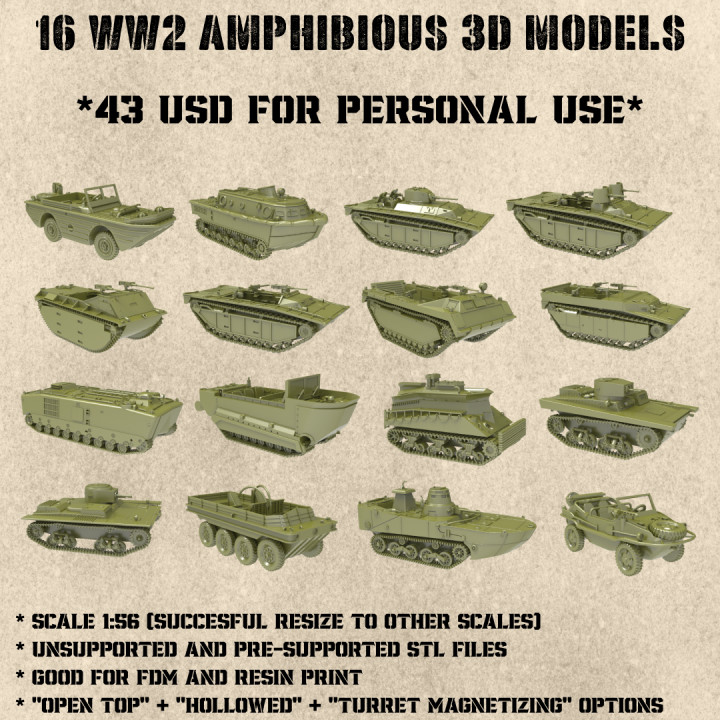 STL PACK - 16 AMPHIBIOUS Fighting vehicles of WW2 (1:56, 28mm) - PERSONAL USE's Cover