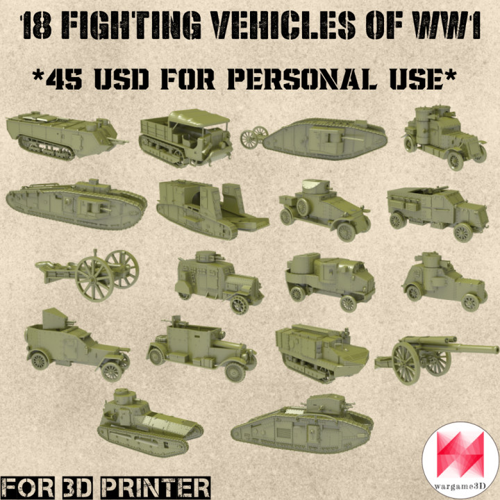 STL PACK - 18 Fighting vehicles of WW1 (1:56, 28mm) - PERSONAL USE's Cover