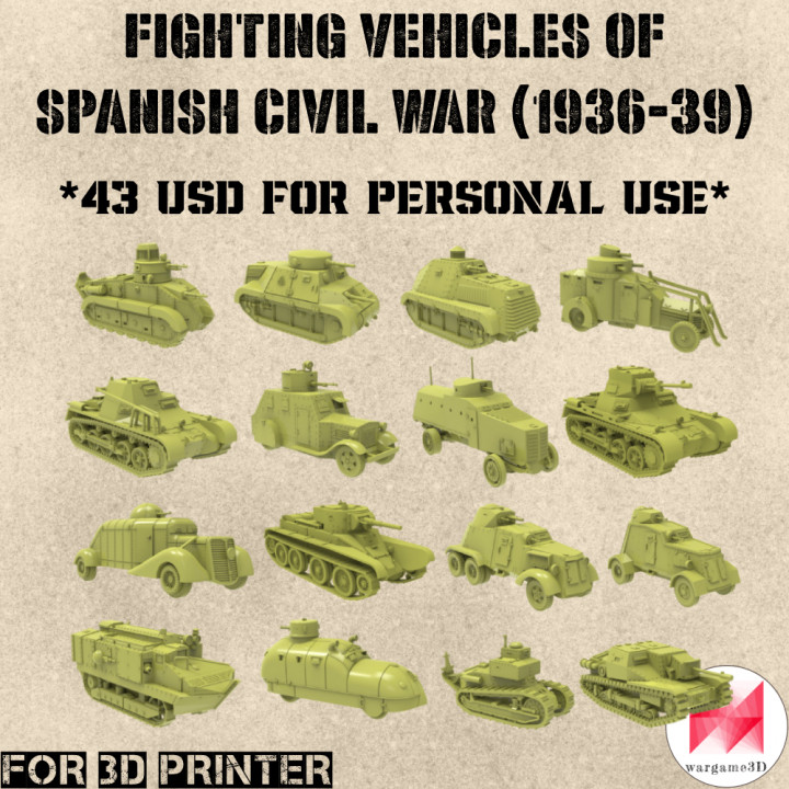 STL PACK - 16 Fighting vehicles of Spanish Civil War (1936-1939) (1:56, 28mm) - PERSONAL USE's Cover
