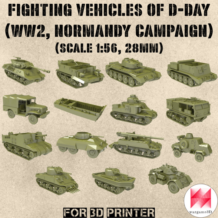 STL PACK - 15 Fighting vehicles of D-Day - WW2 (1:56, 28mm) - PERSONAL USE's Cover