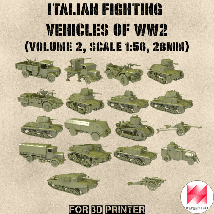 STL PACK - 18 ITALIAN Fighting vehicles of WW2 (Volume 2, 1:56, 28mm) - PERSONAL USE's Cover