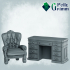 Fantasy miniatures for tabletop games. Chair and table with drawers. Small things to put on table image
