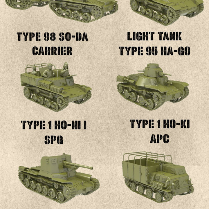 STL PACK - 18 JAPANESE Fighting vehicles of WW2 + 2 Tankmen (1:56, 28mm) - PERSONAL USE's Cover